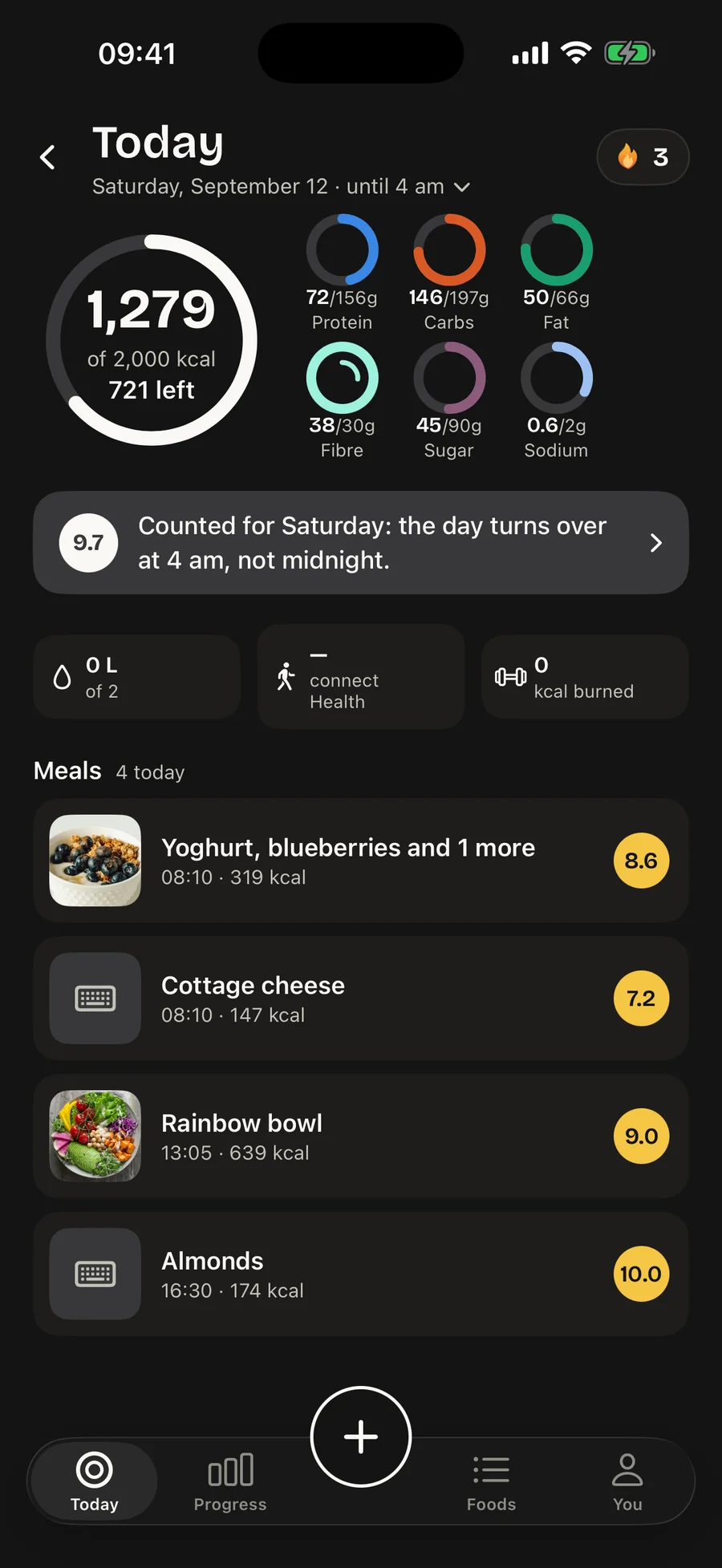 Today in the dark appearance: paper-coloured ring and text on a near-black ground, the day score still yellow